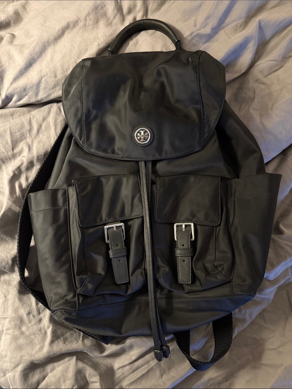 Small Tory Burch Black Nylon Backpack.